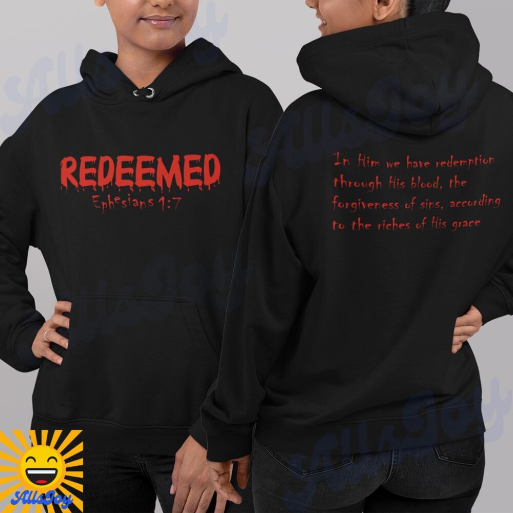 REDEEMED BY HIS BLOOD Front & Back Graphic Black Fleece Pullover Hoodie
